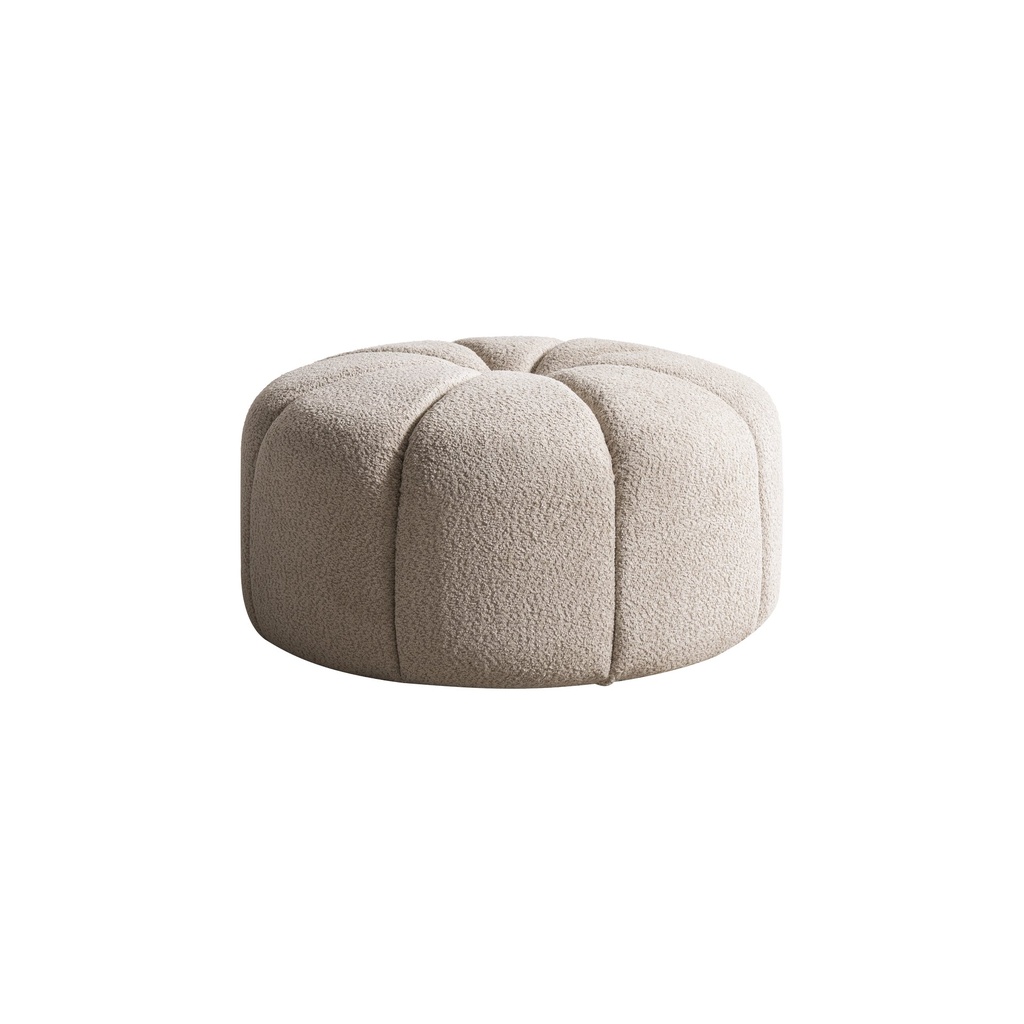 Lune Ottoman Upholstered in high-quality Fire-Resistant Taupe Boucle Fabric AIC-PANDORA04 . The Plush Seating is enhanced By 32-density.